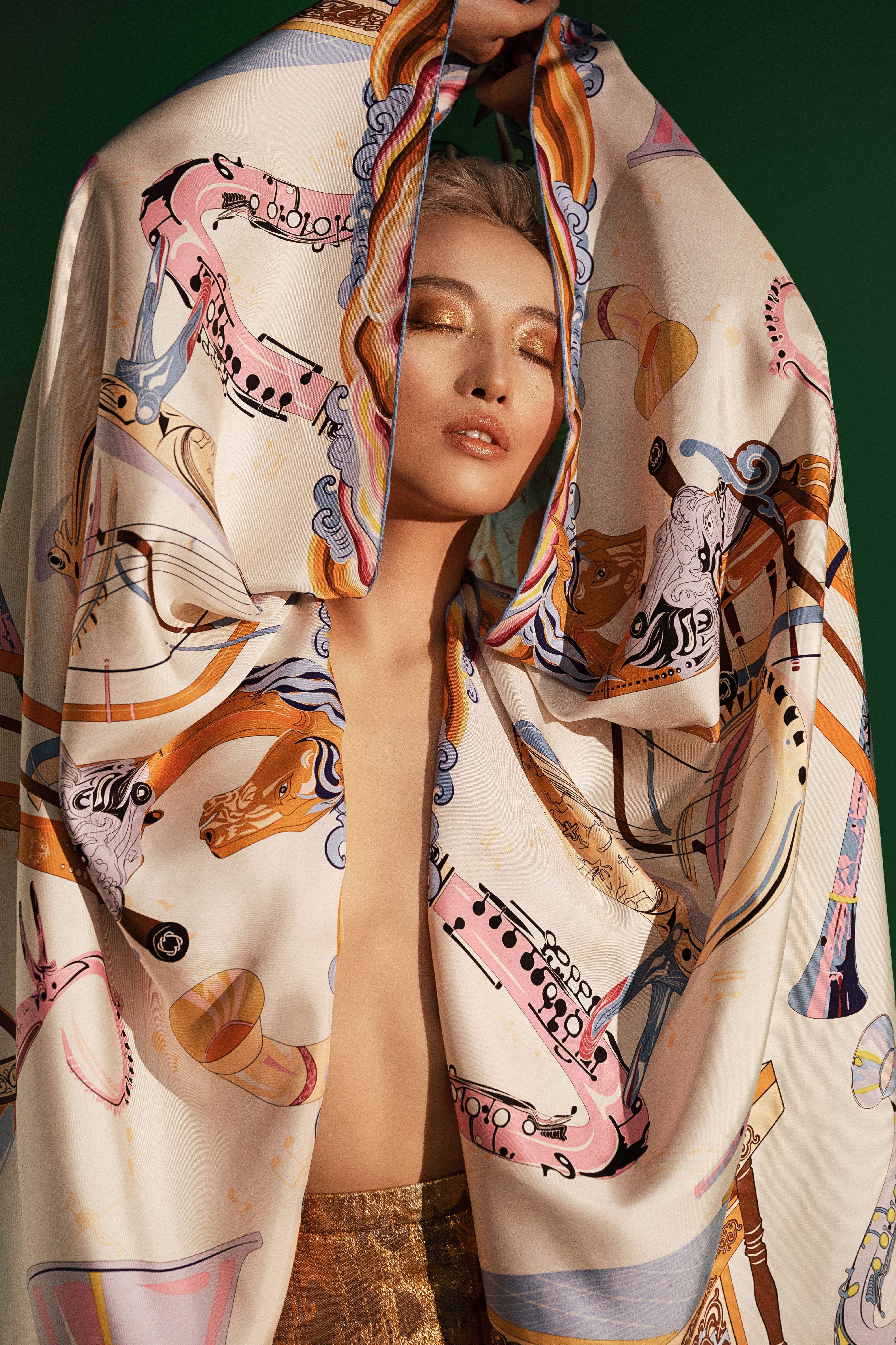 MUSIC Silk Scarf, Beige