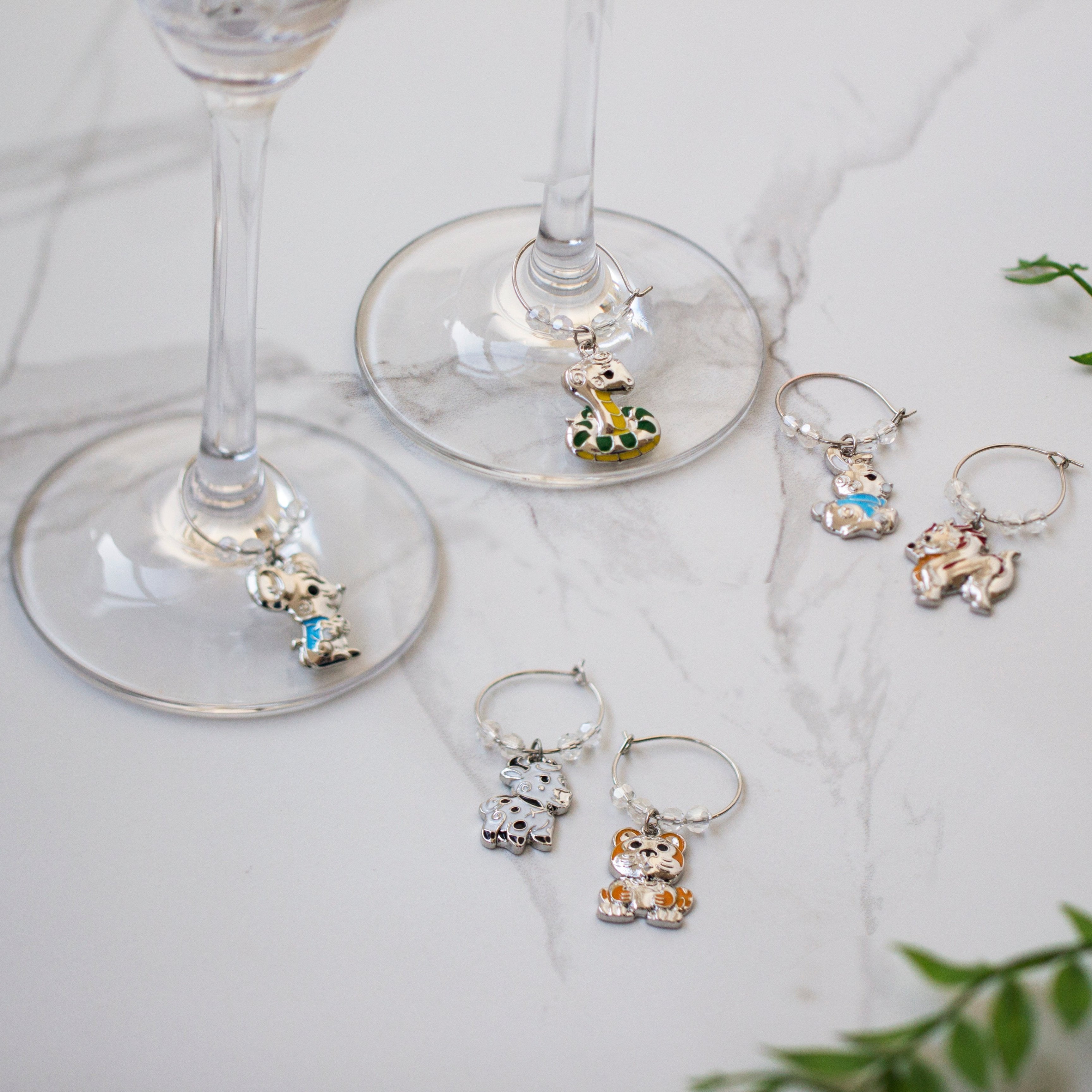 12 ZODIAC ANIMALS Wine Glass Charms, First Six Animals, Set of Six - BAIGAL