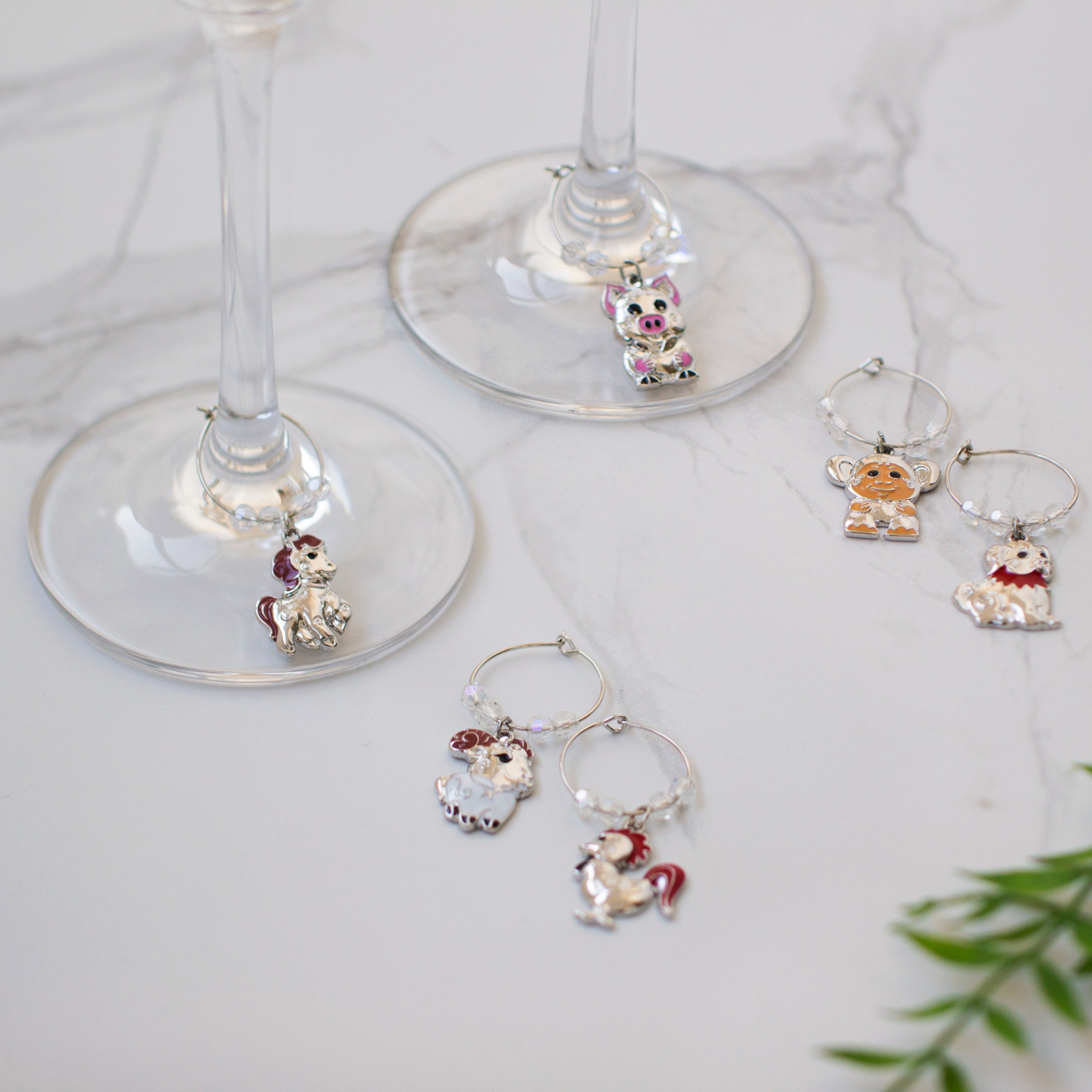 12 ZODIAC ANIMALS Wine Glass Charms, Last Six Animals, Set of Six - BAIGAL